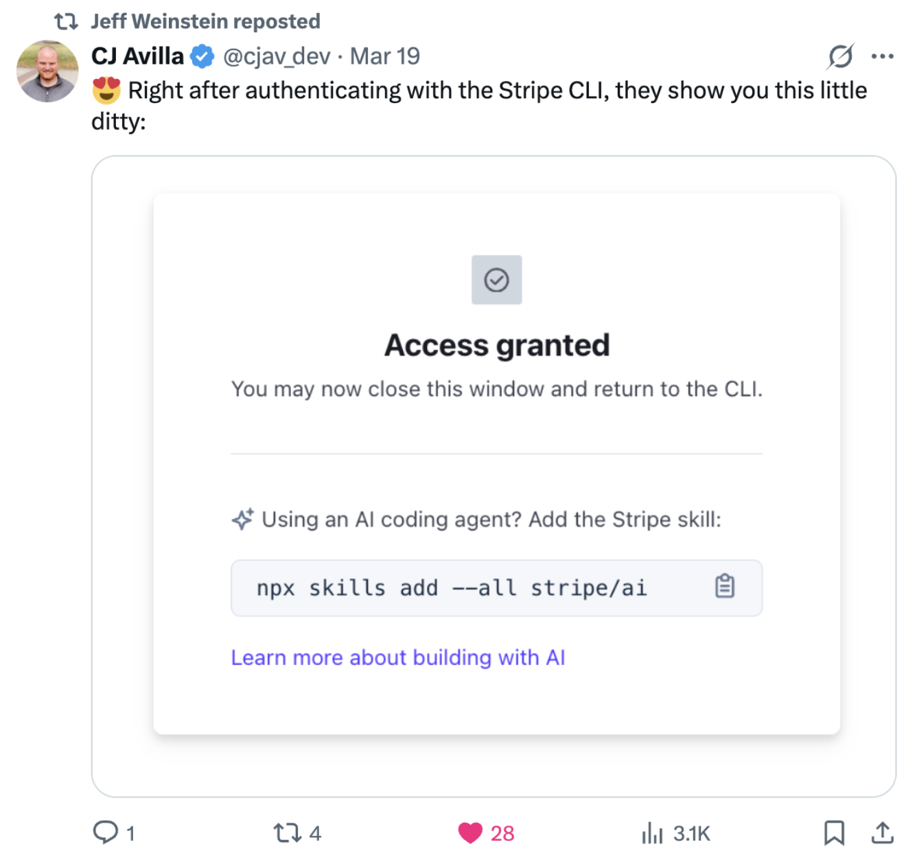 A tweet showing the Stripe skill install prompt