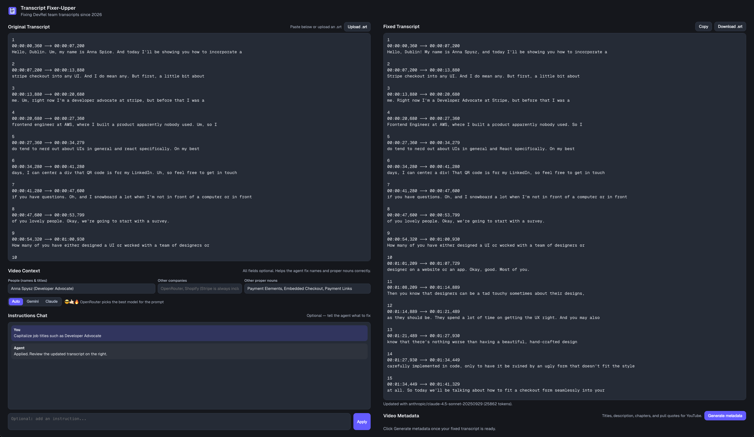 The application with a fixed transcript