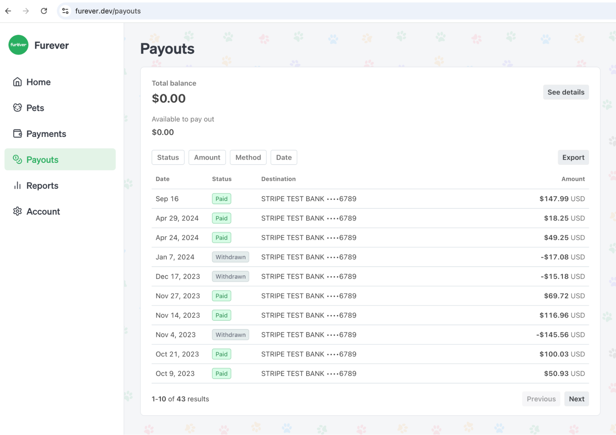 Payments dashboard for FurEver connected accounts