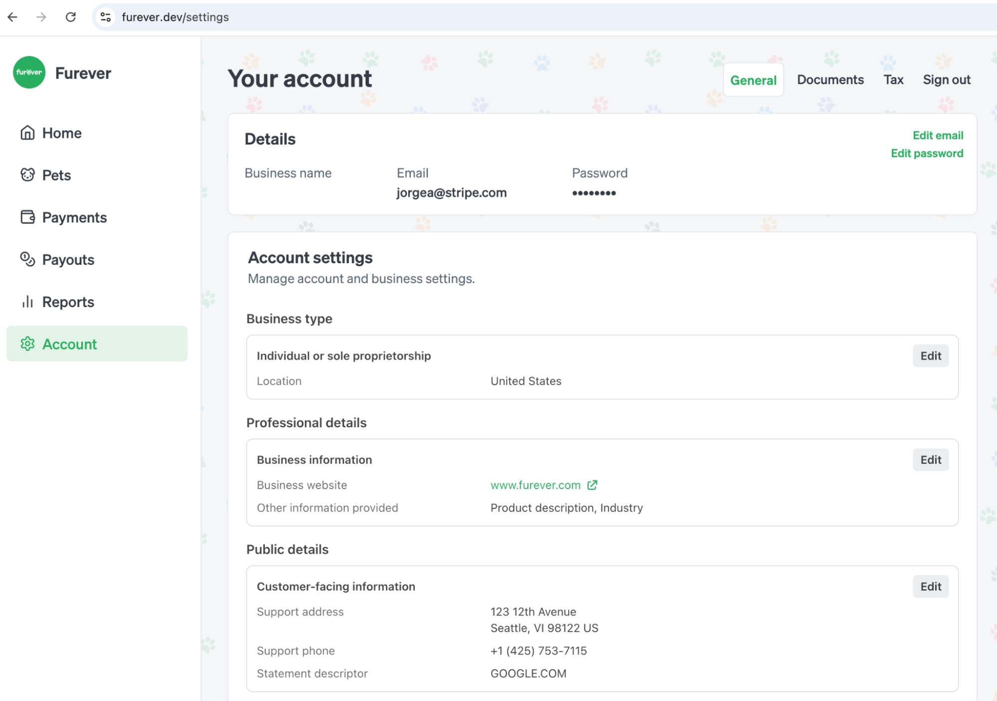Payments dashboard for FurEver connected accounts
