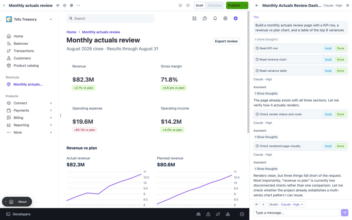 The Harbor builder: a monthly actuals review prototype rendering on the left, and the chat panel on the right showing the agent reading the KPI row, the revenue chart, and the variance table.