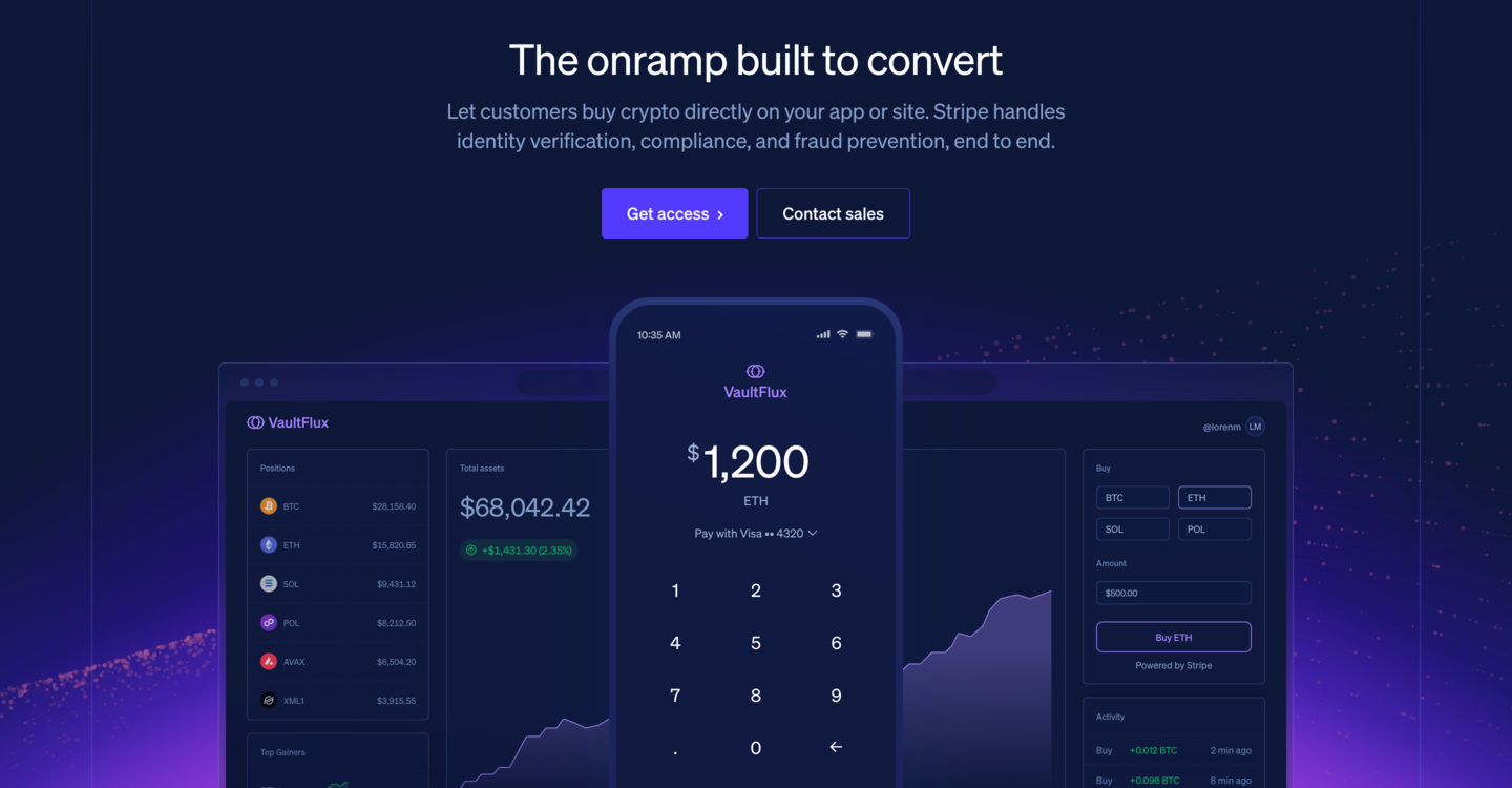 The same hero on the shipped page: a phone over a dashboard, on the same gradient, with the animation carried across.