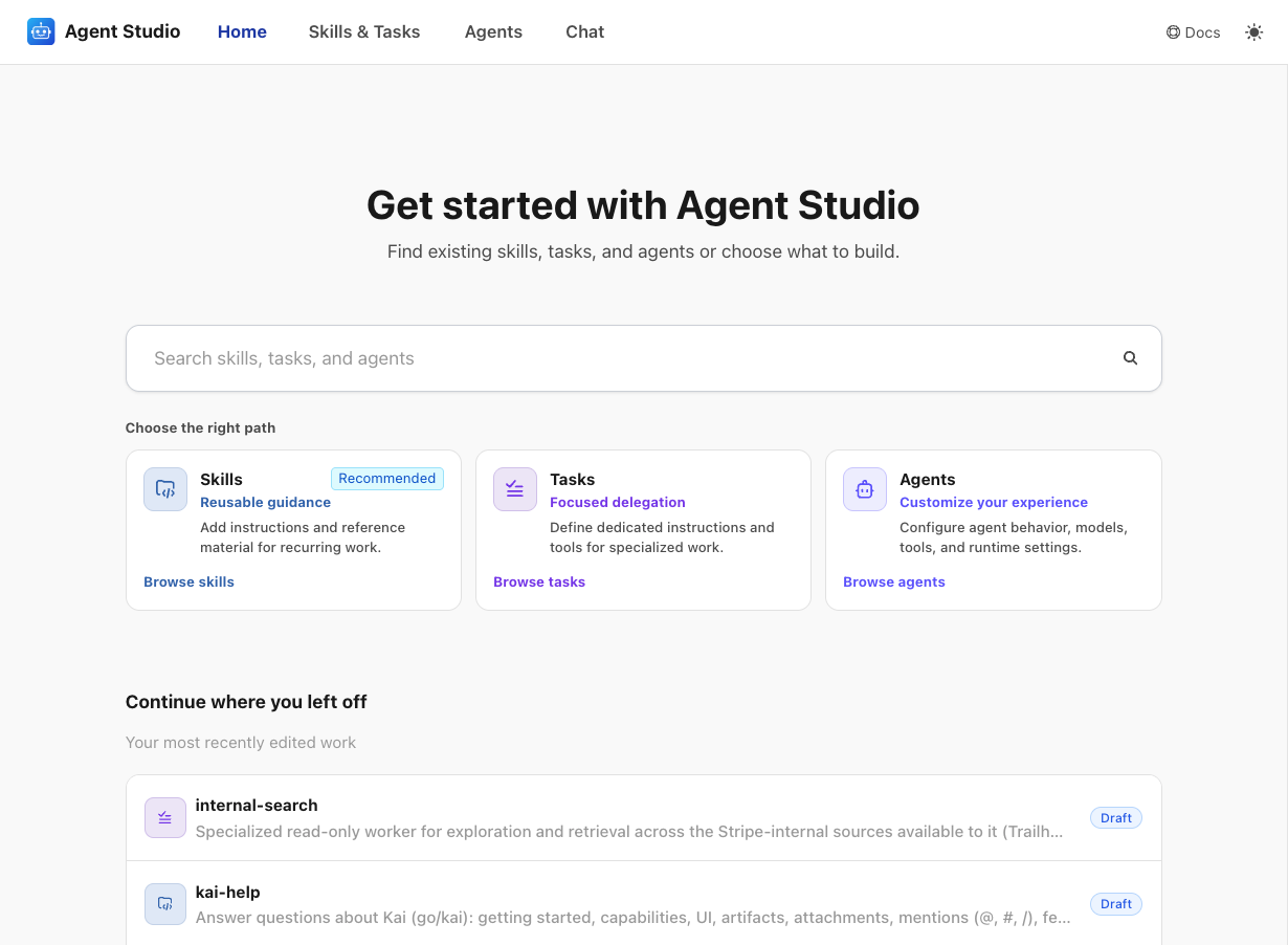 AgentStudio의 스킬 화면. ABP, Bridge, Climate, Corp Dev, Data & AI, Design, Finance & Workplace 같은 분야별 카드마다 스킬 수와 하위 분야 수가 적혀 있습니다.
