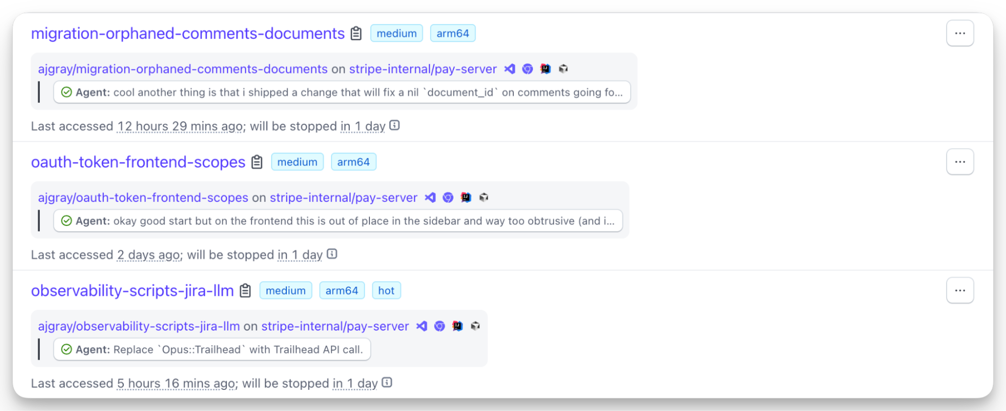Image 1: A screenshot of an online dashboard, showing information regarding migration‑orphaned‑comments‑documents, oauth‑token‑frontend‑scopes, and observability‑scripts‑jira‑llm