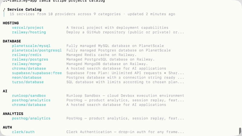 Video of provisioning Vercel via the Stripe CLI