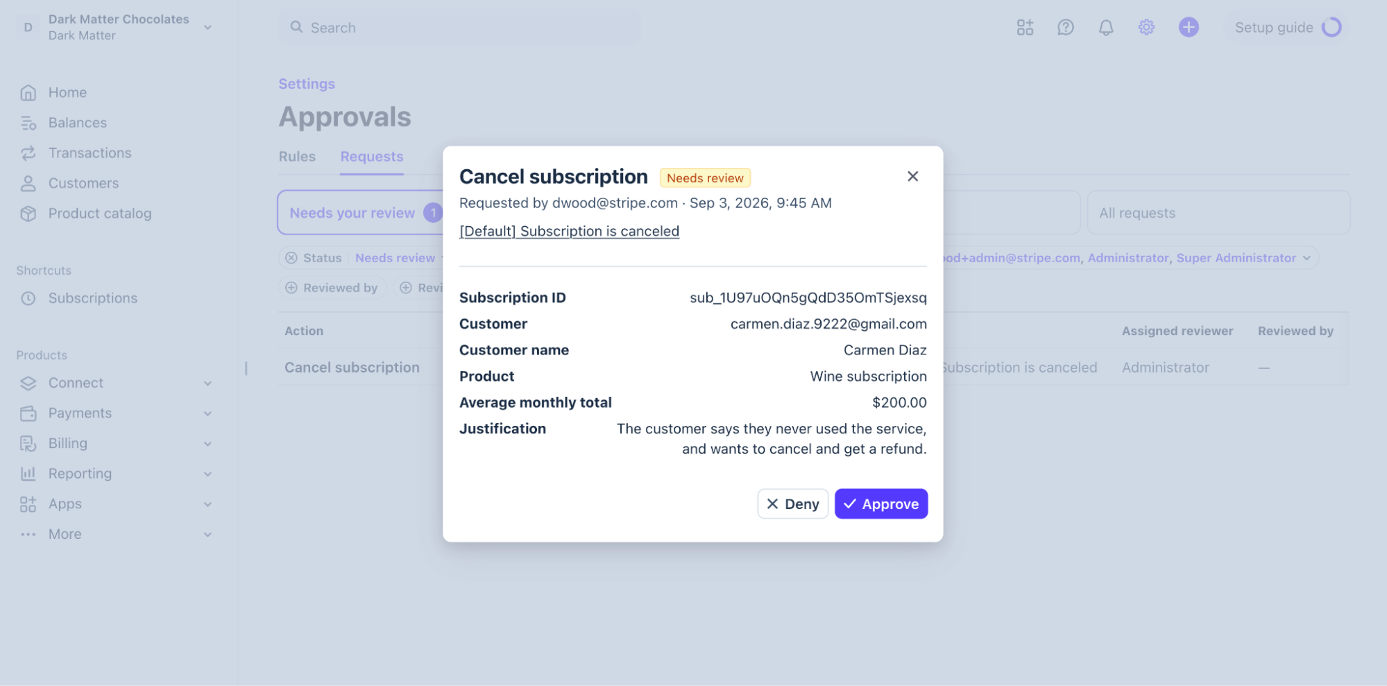 Request details in the Stripe Dashboard