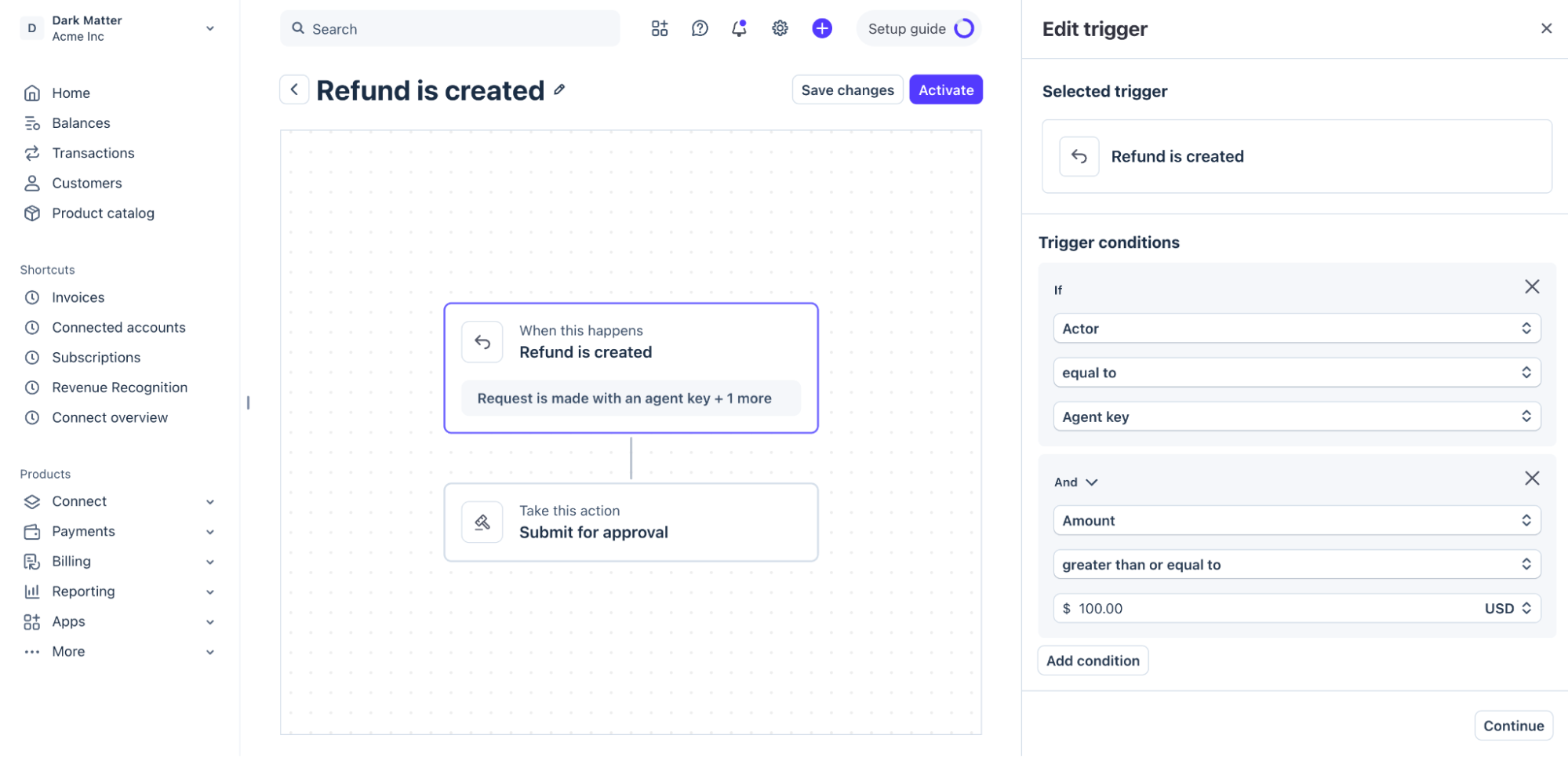 Creating an approval rule in the Stripe Dashboard